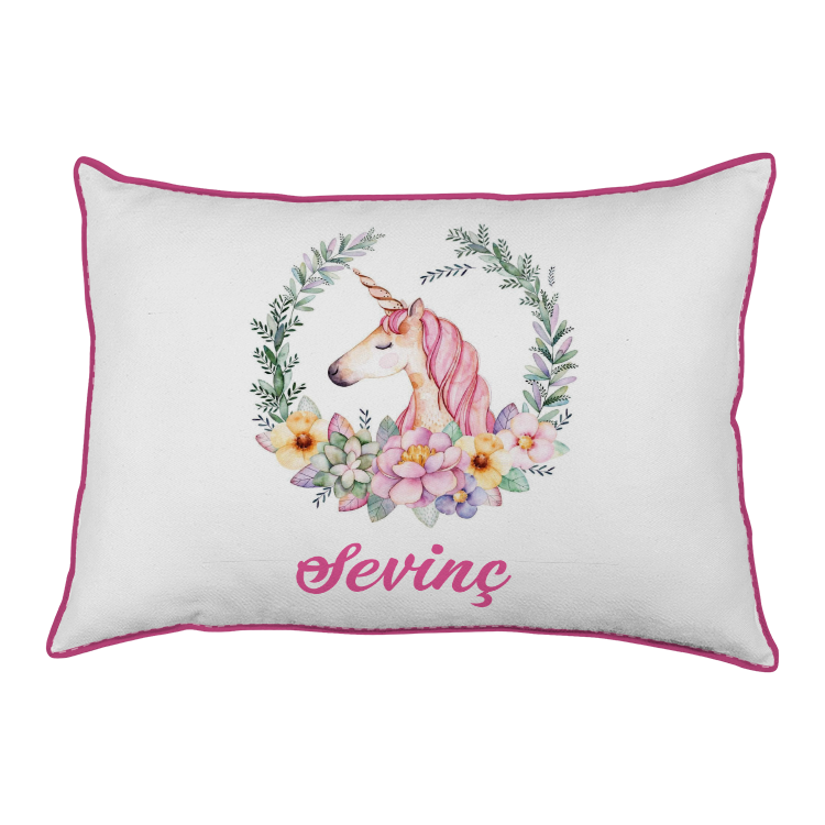kisiye ozel kumas kiz bebek yastik - cicekli unicorn