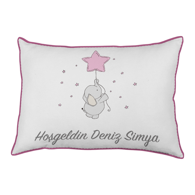 kisiye ozel kumas kiz bebek yastik - fil yildiz pembe